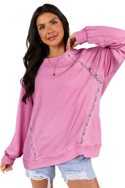 Bright Pink Lace Patchwork Raglan Sleeve Loose Fit Sweatshirt