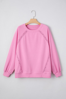Bright Pink Lace Patchwork Raglan Sleeve Loose Fit Sweatshirt
