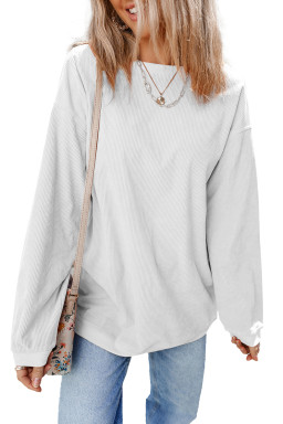 White Drop Shoulder Rib Knit Oversized Sweatshirt
