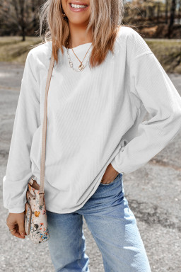 White Drop Shoulder Rib Knit Oversized Sweatshirt