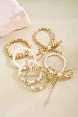 Gold Pearl Beaded Bow Design Bracelet Set