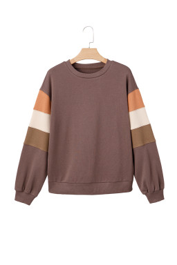 Dark Khaki Colorblock Drop Shoulder Pullover Casual Sweatshirt