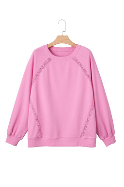 Bright Pink Lace Patchwork Raglan Sleeve Loose Fit Sweatshirt