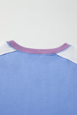 Blue Colorblock Patchwork Round Neck Pullover Sweatshirt