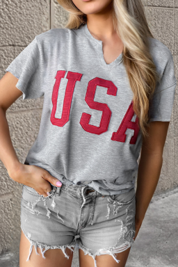 Light Grey USA Letter Patch Notched Neck Loose Tee