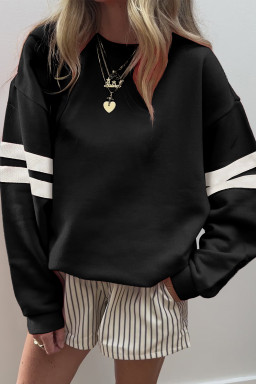Black Preppy Striped Sleeve Loose Sweatshirt