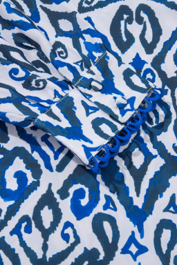 Blue Bohemian Abstract Print Frill V Neck Long Sleeve Blouse