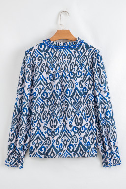 Blue Bohemian Abstract Print Frill V Neck Long Sleeve Blouse