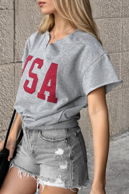 Light Grey USA Letter Patch Notched Neck Loose Tee