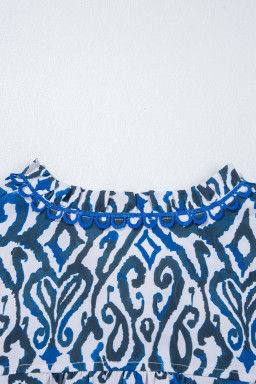 Blue Bohemian Abstract Print Frill V Neck Long Sleeve Blouse