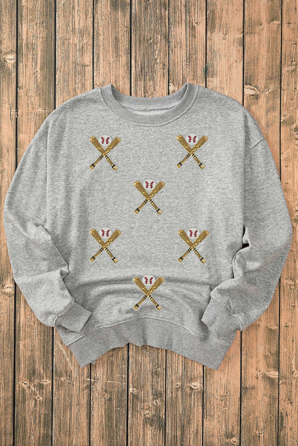 Gray Sequin Baseball Bat Game Day Graphic Casual Sweatshirt