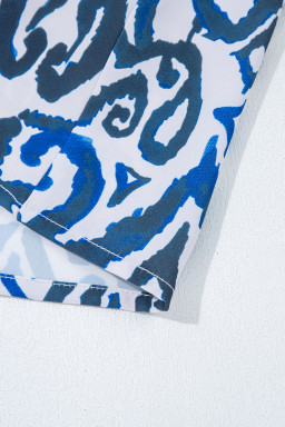 Blue Bohemian Abstract Print Frill V Neck Long Sleeve Blouse