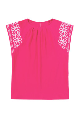 Strawberry Pink Floral Embroidered Flutter Sleeve Pleated Plus Size Blouse