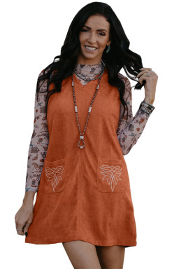 Gold Flame Corduroy Embroidered Patch Pocket Sleeveless Mini Dress