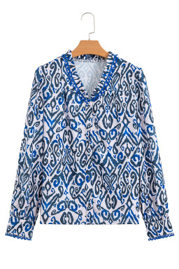 Blue Bohemian Abstract Print Frill V Neck Long Sleeve Blouse