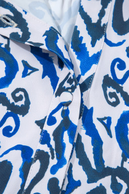 Blue Bohemian Abstract Print Frill V Neck Long Sleeve Blouse