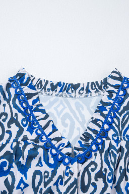 Blue Bohemian Abstract Print Frill V Neck Long Sleeve Blouse