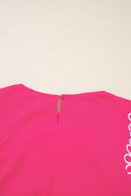 Strawberry Pink Floral Embroidered Flutter Sleeve Pleated Plus Size Blouse