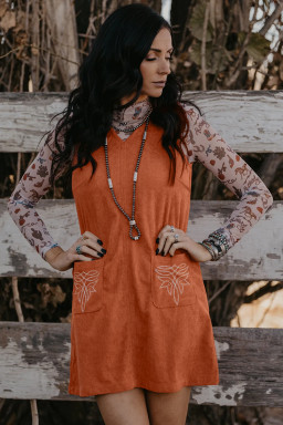 Gold Flame Corduroy Embroidered Patch Pocket Sleeveless Mini Dress