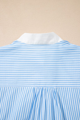 Sky Blue Striped Contrast Neckline Buttoned Shirt