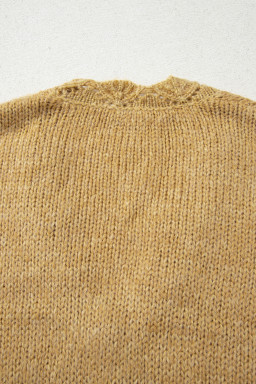 Light French Beige Lantern Sleeve Scallop V Neck Buttoned Front Cardigan