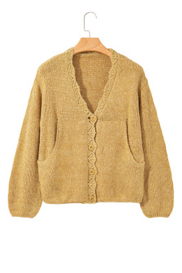 Light French Beige Lantern Sleeve Scallop V Neck Buttoned Front Cardigan