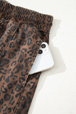 Brown Leopard Print Elastic Waist Drawstring Denim Skort