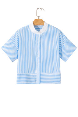 Sky Blue Striped Contrast Neckline Buttoned Shirt