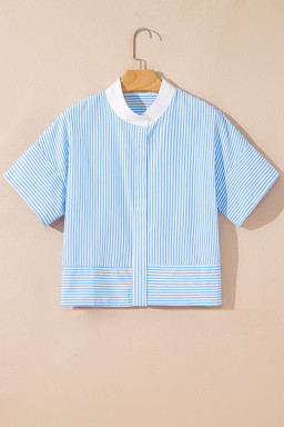 Sky Blue Striped Contrast Neckline Buttoned Shirt