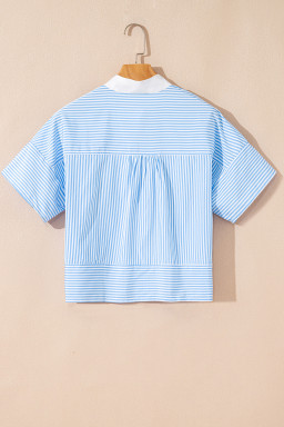 Sky Blue Striped Contrast Neckline Buttoned Shirt