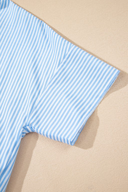 Sky Blue Striped Contrast Neckline Buttoned Shirt