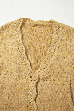Light French Beige Lantern Sleeve Scallop V Neck Buttoned Front Cardigan