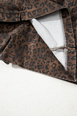Brown Leopard Print Elastic Waist Drawstring Denim Skort