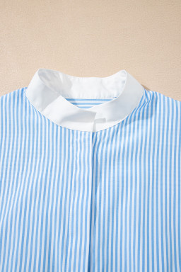 Sky Blue Striped Contrast Neckline Buttoned Shirt