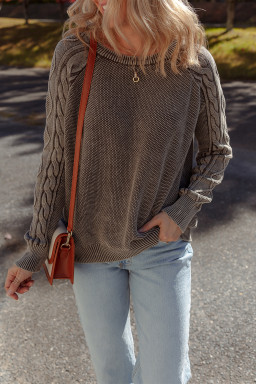 Dark Brown Cable Knit Raglan Sleeve Casual Sweater