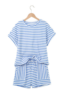 Sky Blue Striped Print Short Sleeve Top and Pocket Shorts Set