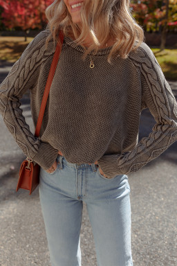 Dark Brown Cable Knit Raglan Sleeve Casual Sweater