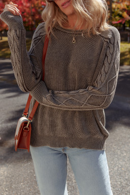 Dark Brown Cable Knit Raglan Sleeve Casual Sweater