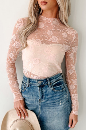 Apricot Pink Mock Neck Floral Lace Mesh Long Sleeve Top