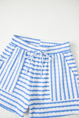 Sky Blue Striped Print Short Sleeve Top and Pocket Shorts Set