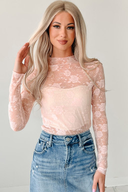 Apricot Pink Mock Neck Floral Lace Mesh Long Sleeve Top