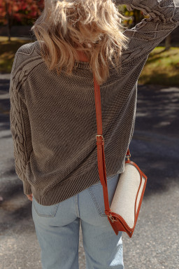 Dark Brown Cable Knit Raglan Sleeve Casual Sweater