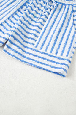 Sky Blue Striped Print Short Sleeve Top and Pocket Shorts Set