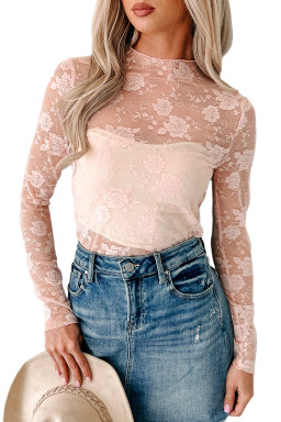Apricot Pink Mock Neck Floral Lace Mesh Long Sleeve Top