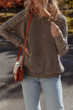 Dark Brown Cable Knit Raglan Sleeve Casual Sweater