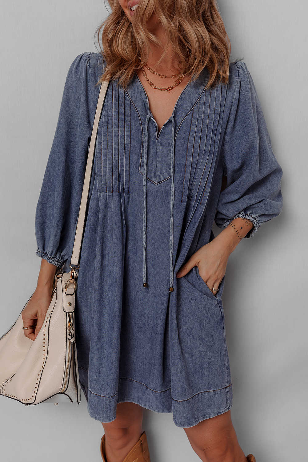 Sail Blue Pleated V Neck 3/4 Sleeve Denim Mini Dress