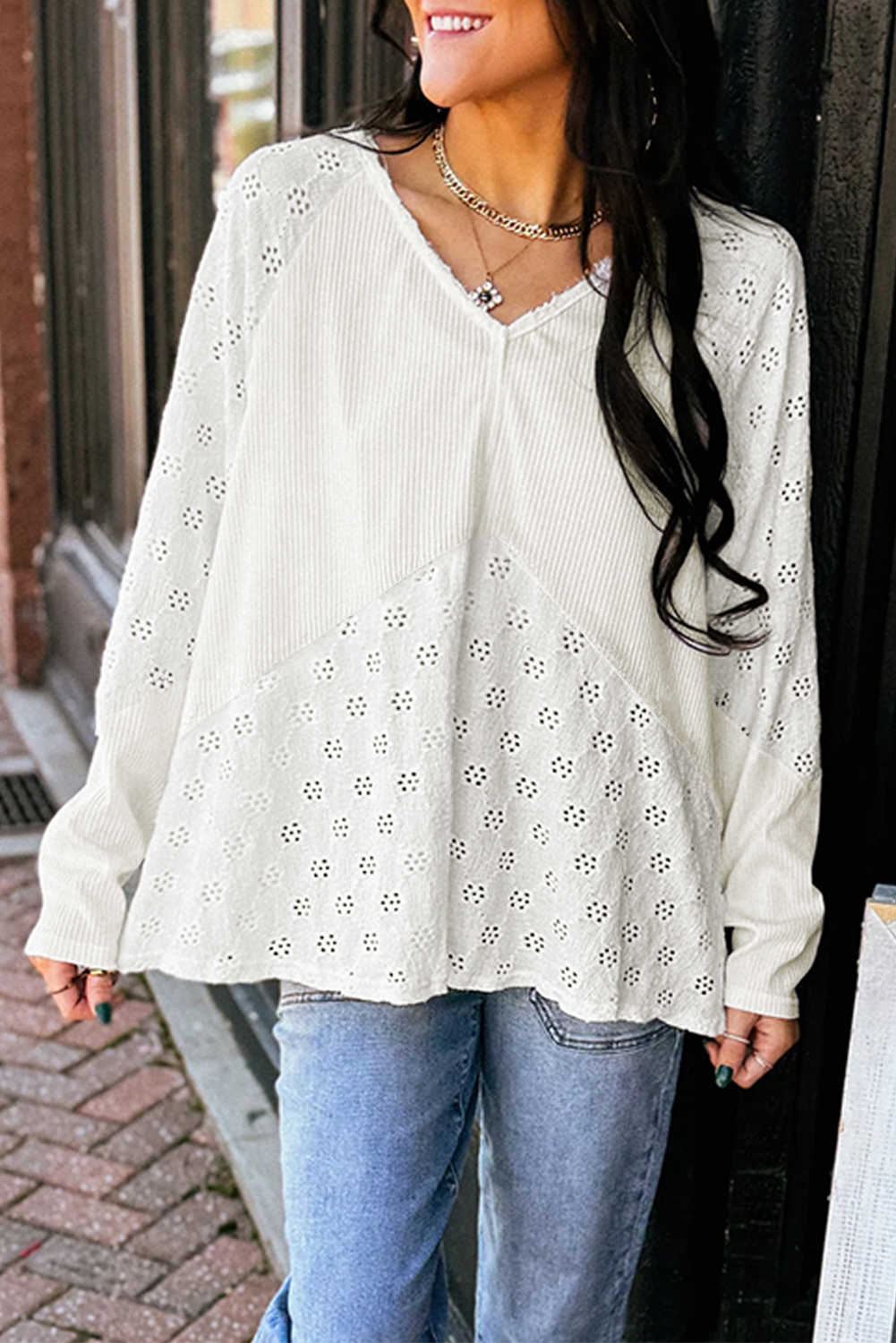 White Twisted Rib Patchwork Floral Embroidered Loose Long Sleeve Top