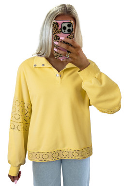 Yellow Cream Embroidered Flower Patchwork Snap Buttons Pullover Sweatshirt