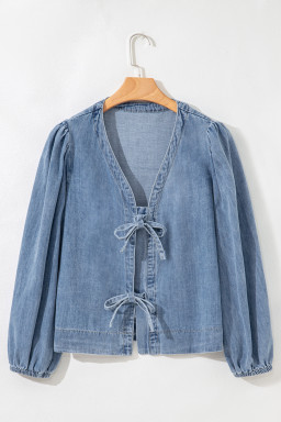Dusk Blue Bow Tie Front Puff Sleeve Denim Top