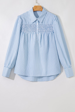Sky Blue Striped Smocked Long Sleeve Quarter Button Shirt